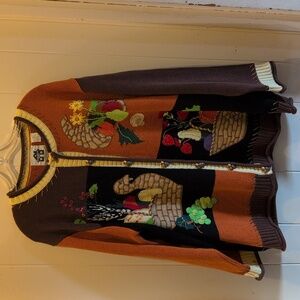 Vintage Storybook Knits Thanksgiving Embroidered Cardigan Sweater Cornucopia 1X